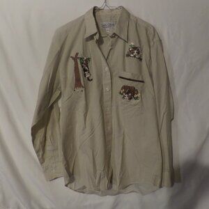 Las Olas Cat Button Down Long Sleeve Tan Top - Size Medium